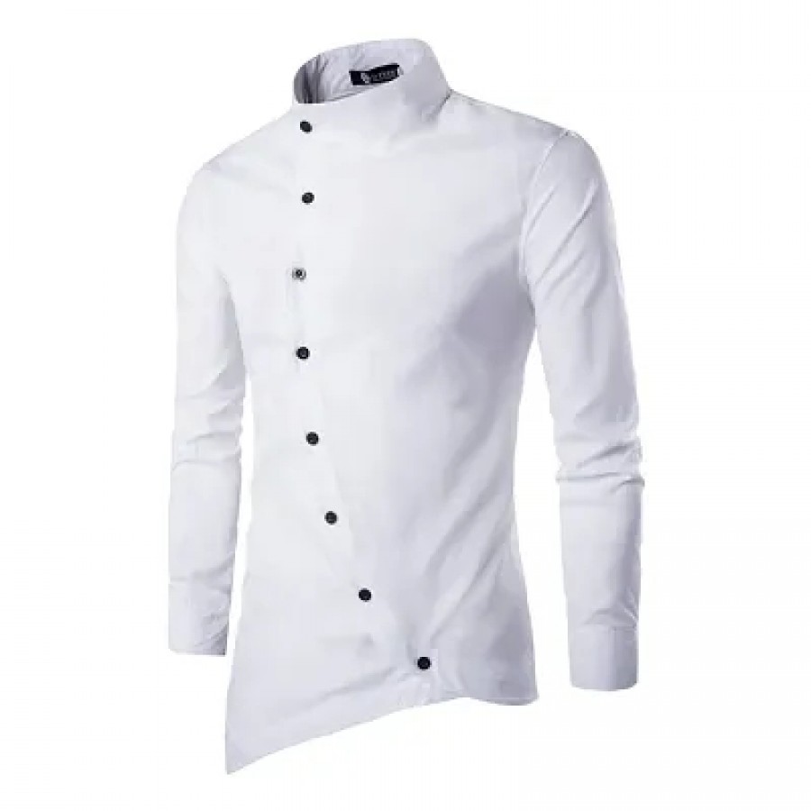 Men's White Cotton Solid Long Sleeves Slim Fit Casual Shirt