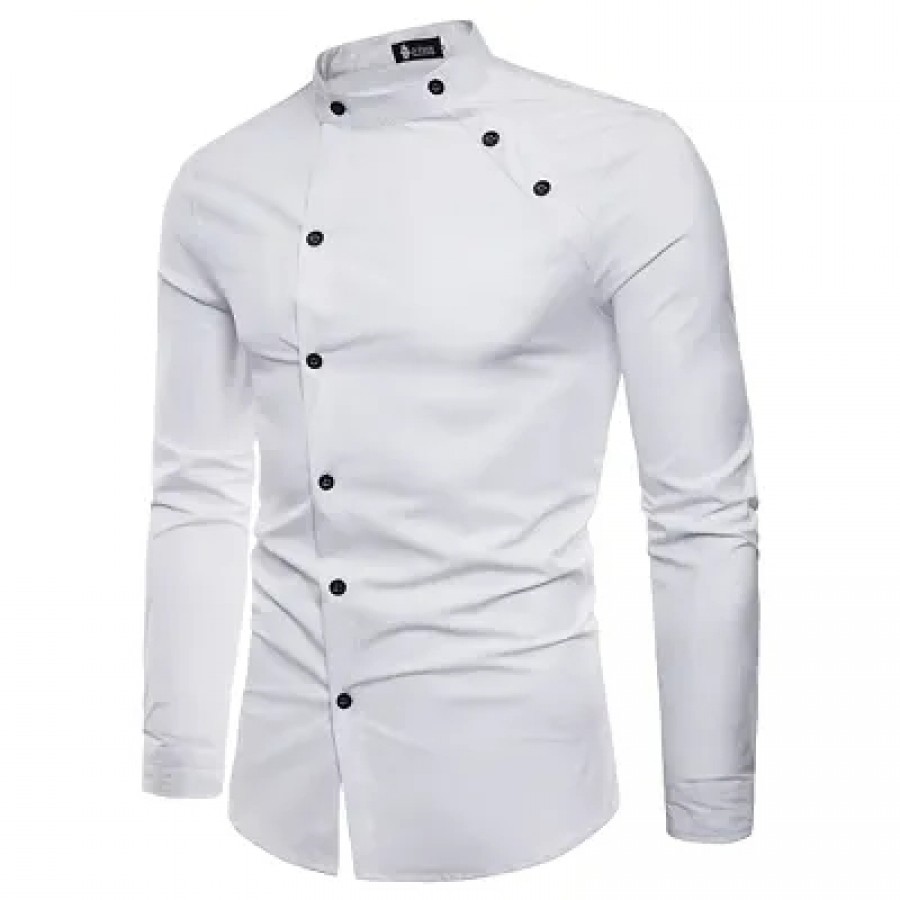 Men's White Cotton Solid Long Sleeves Slim Fit Casual Shirt