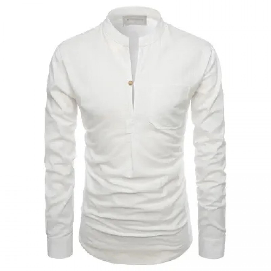 Men's White Cotton Solid Long Sleeves Slim Fit Casual Shirt