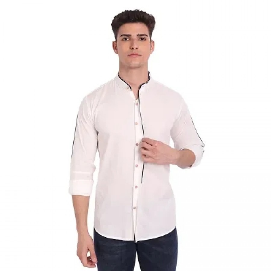 Men's White Cotton Solid Long Sleeves Slim Fit Casual Shirt