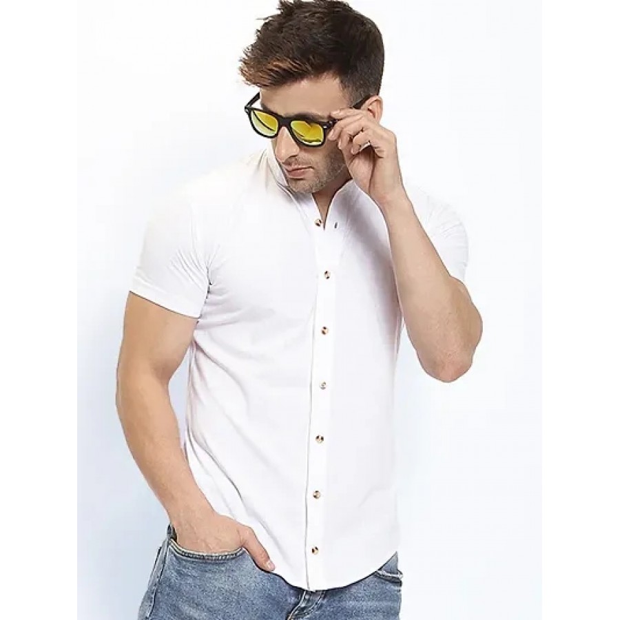 Men's White Cotton Solid Short Sleeves Regular Fit Casual Shirt