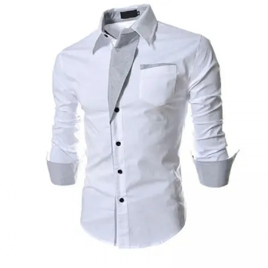 Men's White Cotton Solid  Slim Fit Casual Shirt