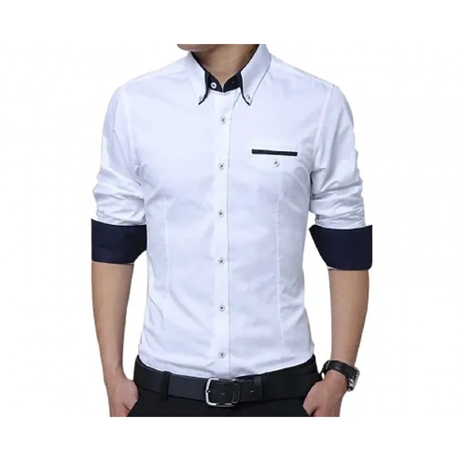 Men's White Solid Cotton Slim Fit Casual Shirt