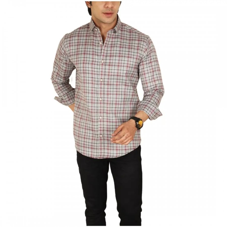 Men's Check Shirt Casual Cotton Shirt (Small, Grey)