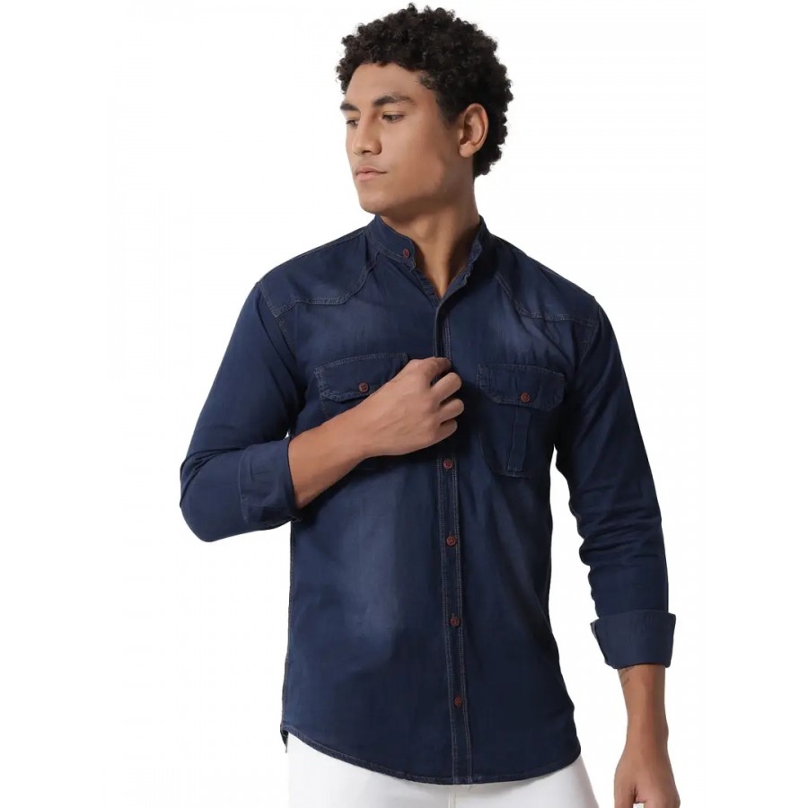 Multicoloured Denim Solid Casual Shirts For Men