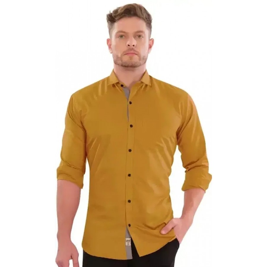 Mustard Cotton Solid Casual Shirts For Men