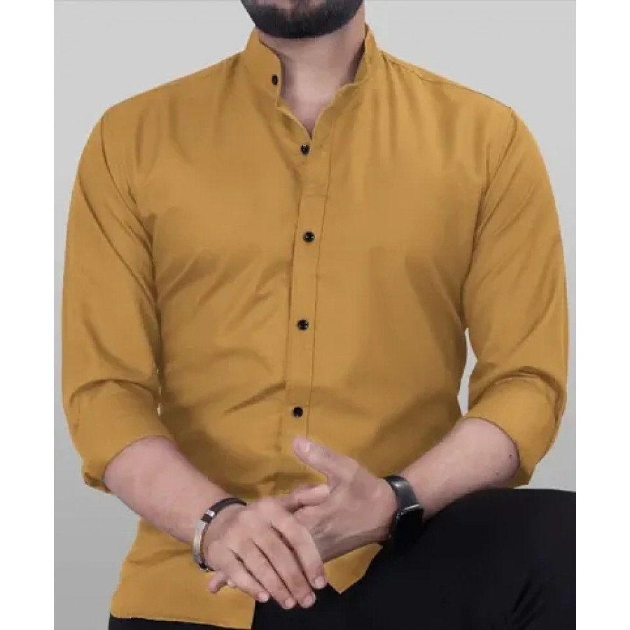 Mustard Cotton Solid Casual Shirts For Men