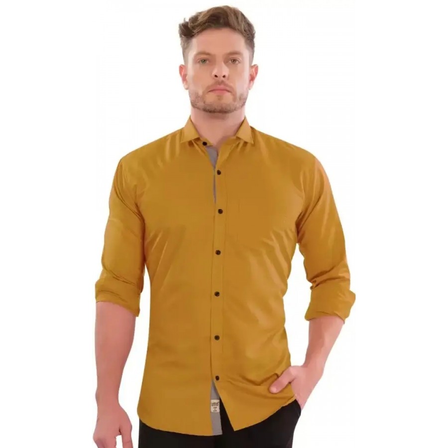 Mustard Cotton Solid Casual Shirts For Men