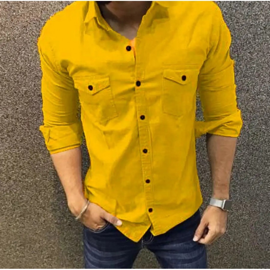 Mustard Cotton Solid Casual Shirts For Men