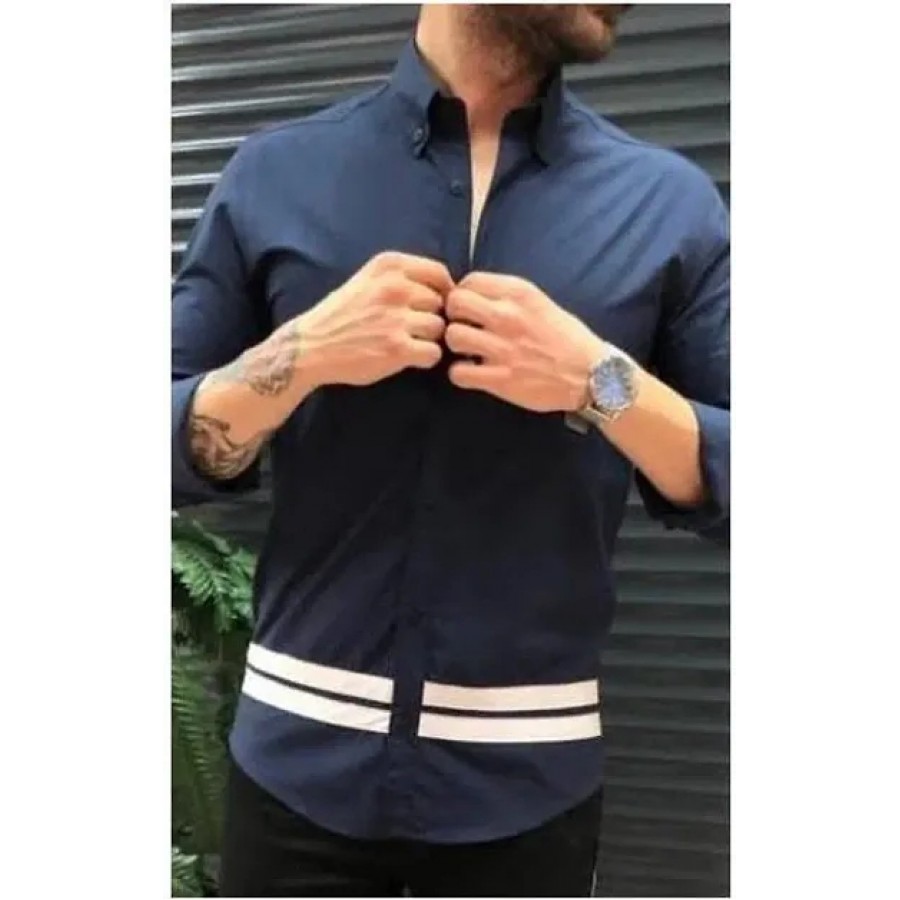 Navy Blue Cotton Blend Casual Shirt For Men