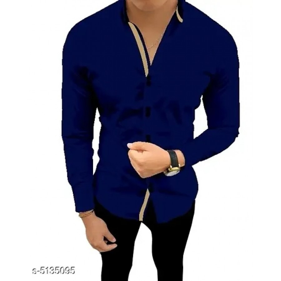 Navy Blue Cotton Blend Solid Casual Shirts For Men