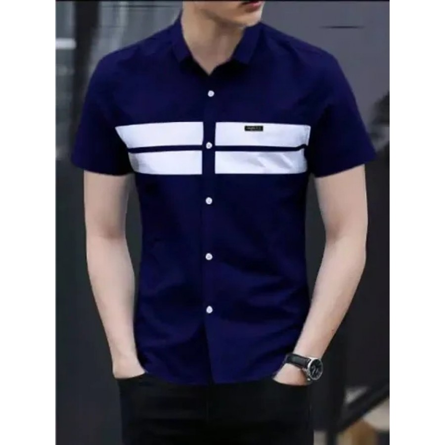 Navy Blue Cotton Blend Solid Casual Shirts For Men