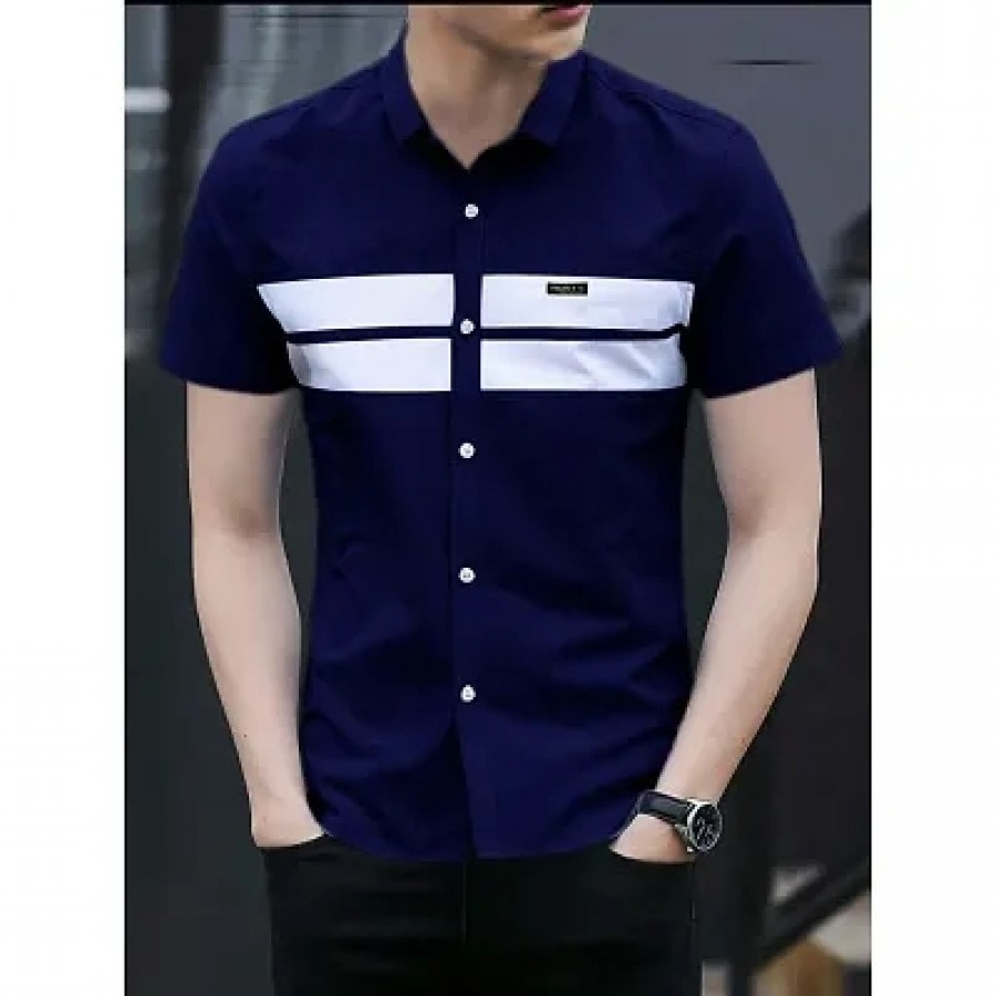 Navy Blue Cotton Blend Striped Casual Shirts For Men