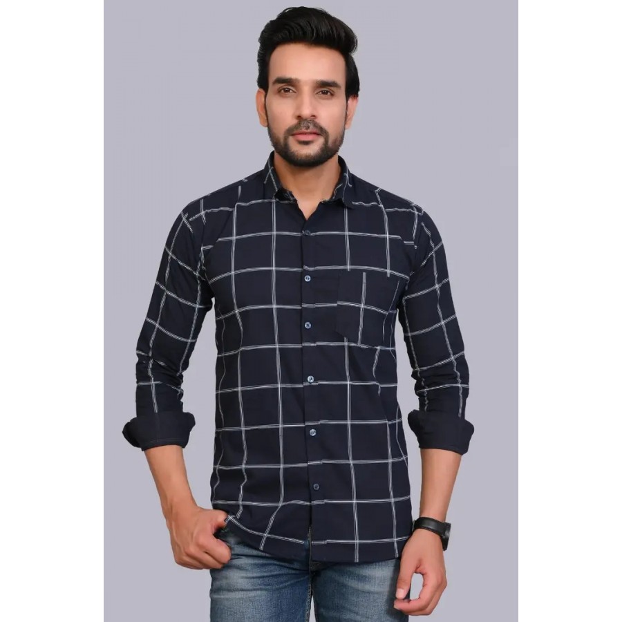 Navy Blue Cotton Checked Casual Shirts For Men