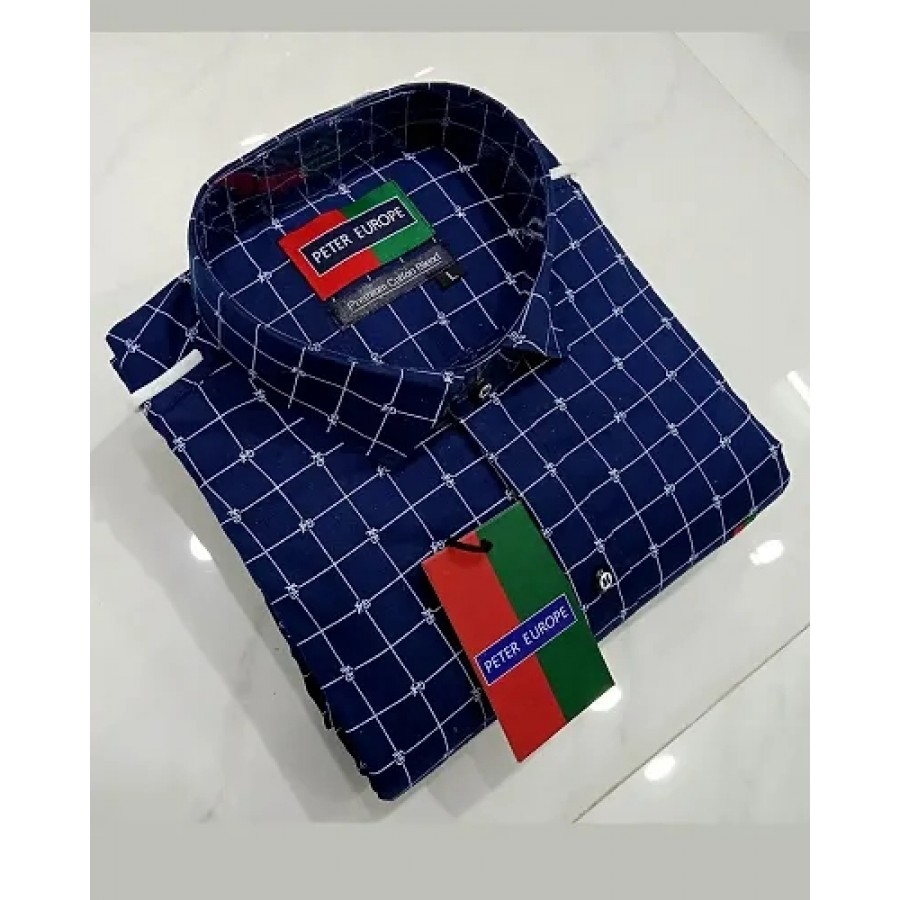 Navy Blue Cotton Checked Casual Shirts For Men