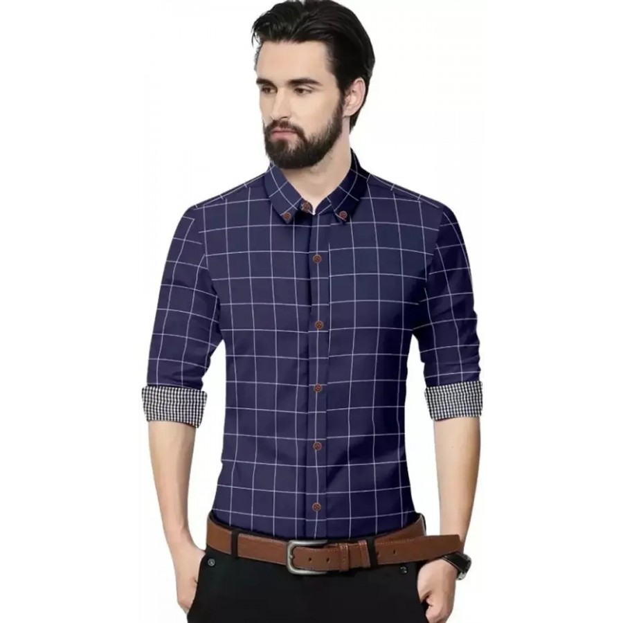 Navy Blue Cotton Checked Casual Shirts For Men