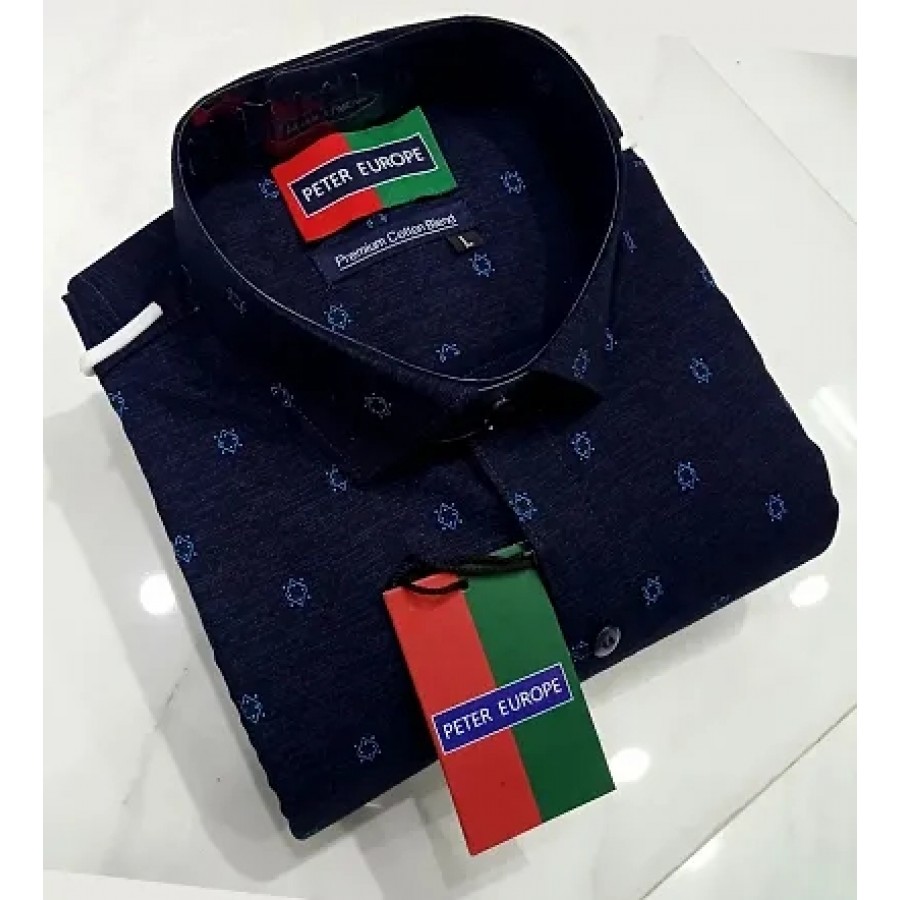 Navy Blue Cotton Printed Casual Shirt For Men