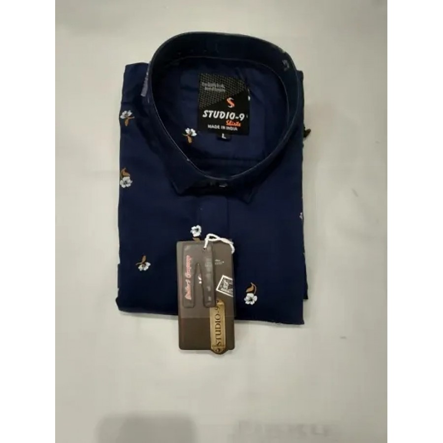 Navy Blue Cotton Printed Casual Shirts For Men