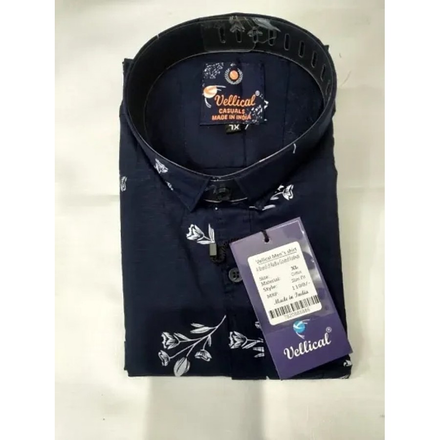 Navy Blue Cotton Printed Casual Shirts For Men