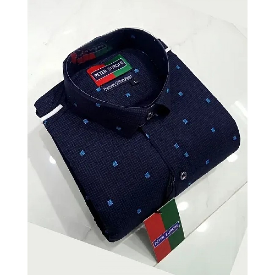 Navy Blue Cotton Printed Casual Shirts For Men