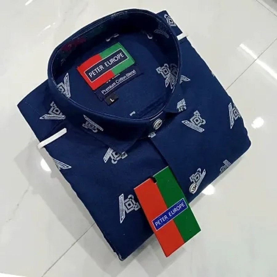 Navy Blue Cotton Printed Casual Shirts For Men