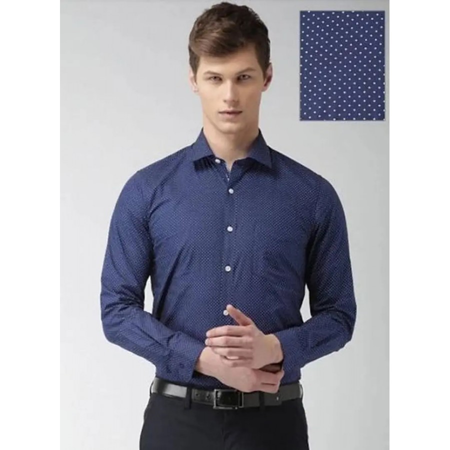 Navy Blue Cotton Printed Casual Shirts For Men