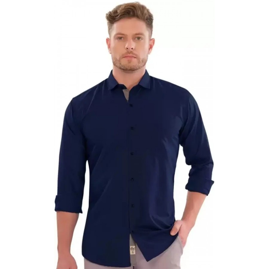 Navy Blue Cotton Solid Casual Shirts For Men