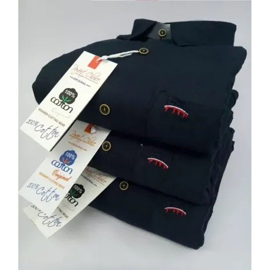 Navy Blue Cotton Solid Casual Shirts For Men