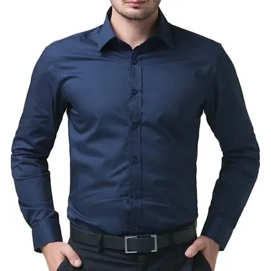 Navy Blue Cotton Solid Casual Shirts For Men