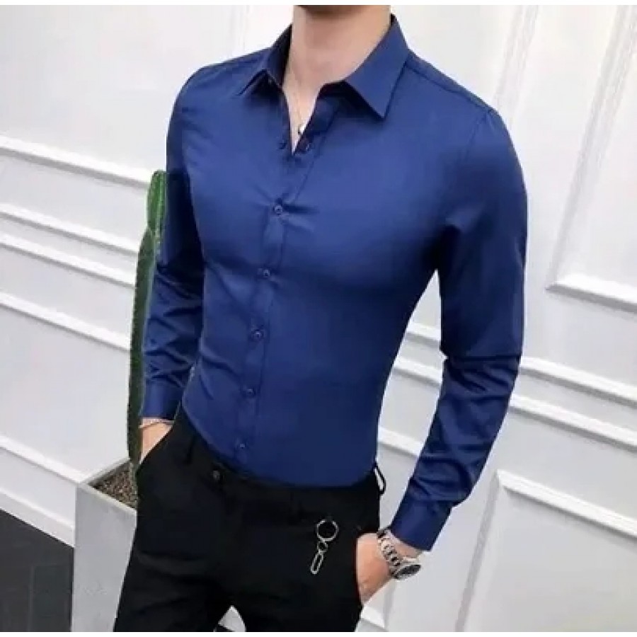 Navy Blue Cotton Solid Casual Shirts For Men