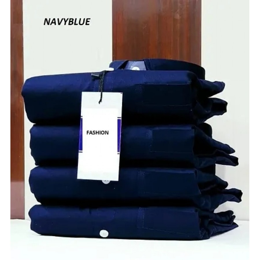 Navy Blue Cotton Solid Casual Shirts For Men