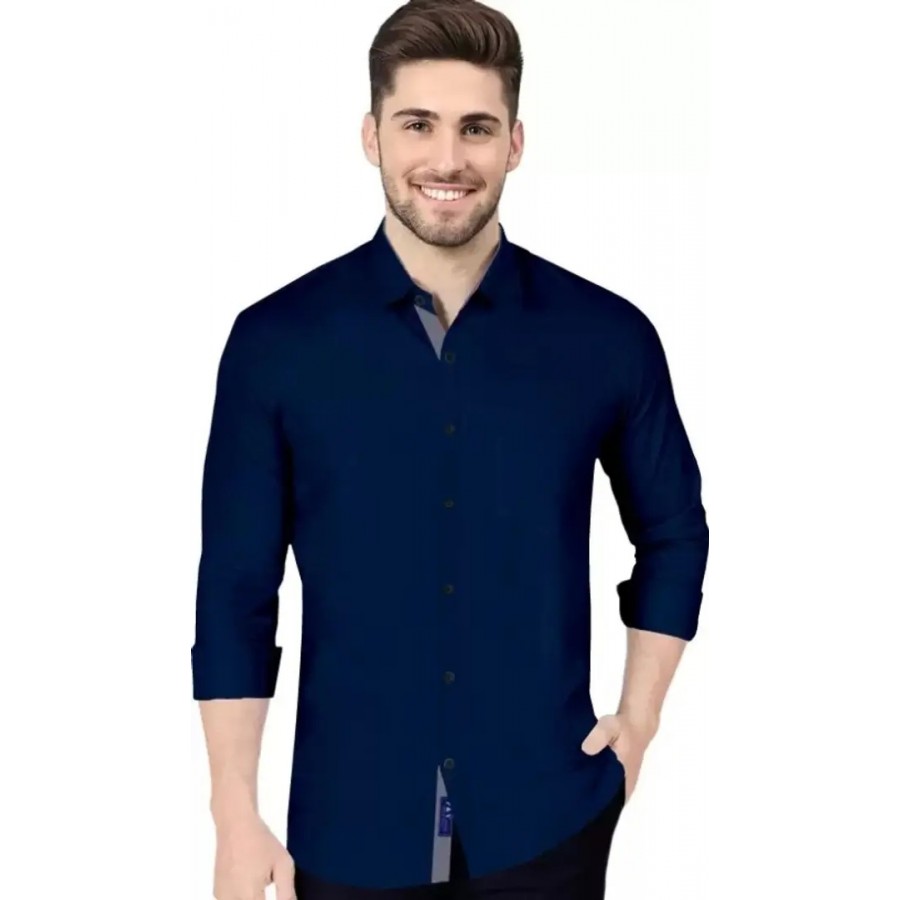 Navy Blue Cotton Solid Casual Shirts For Men