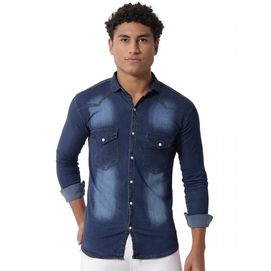 Navy Blue Denim Solid Casual Shirts For Men