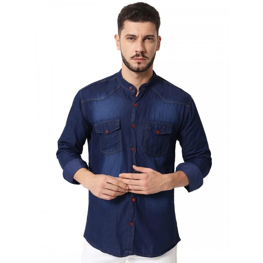 Navy Blue Denim Solid Casual Shirts For Men