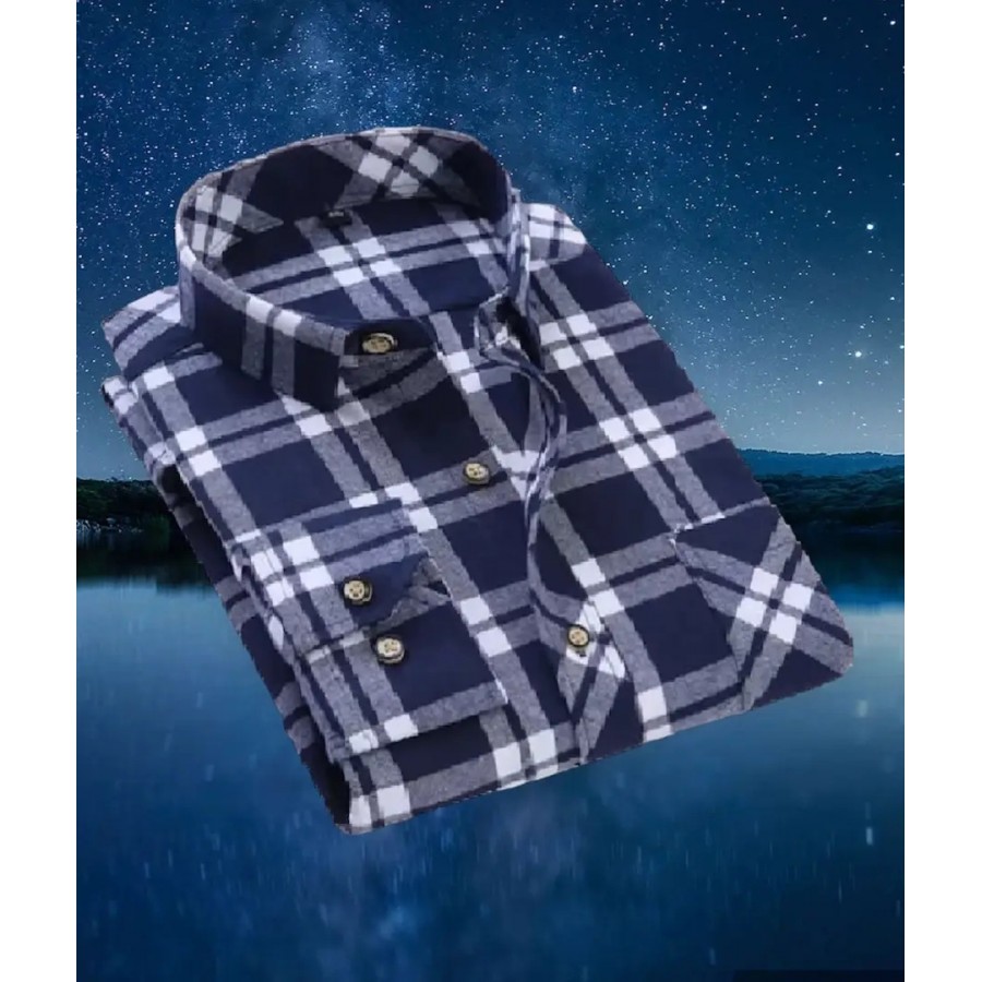 Navy Blue Cotton Blend Checked Casual Shirts For Men