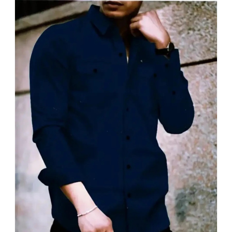 Navy Blue Cotton Solid Casual Shirts For Men