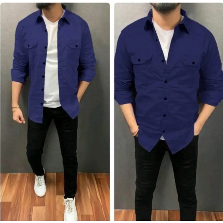 Navy Blue Cotton Solid Casual Shirts For Men