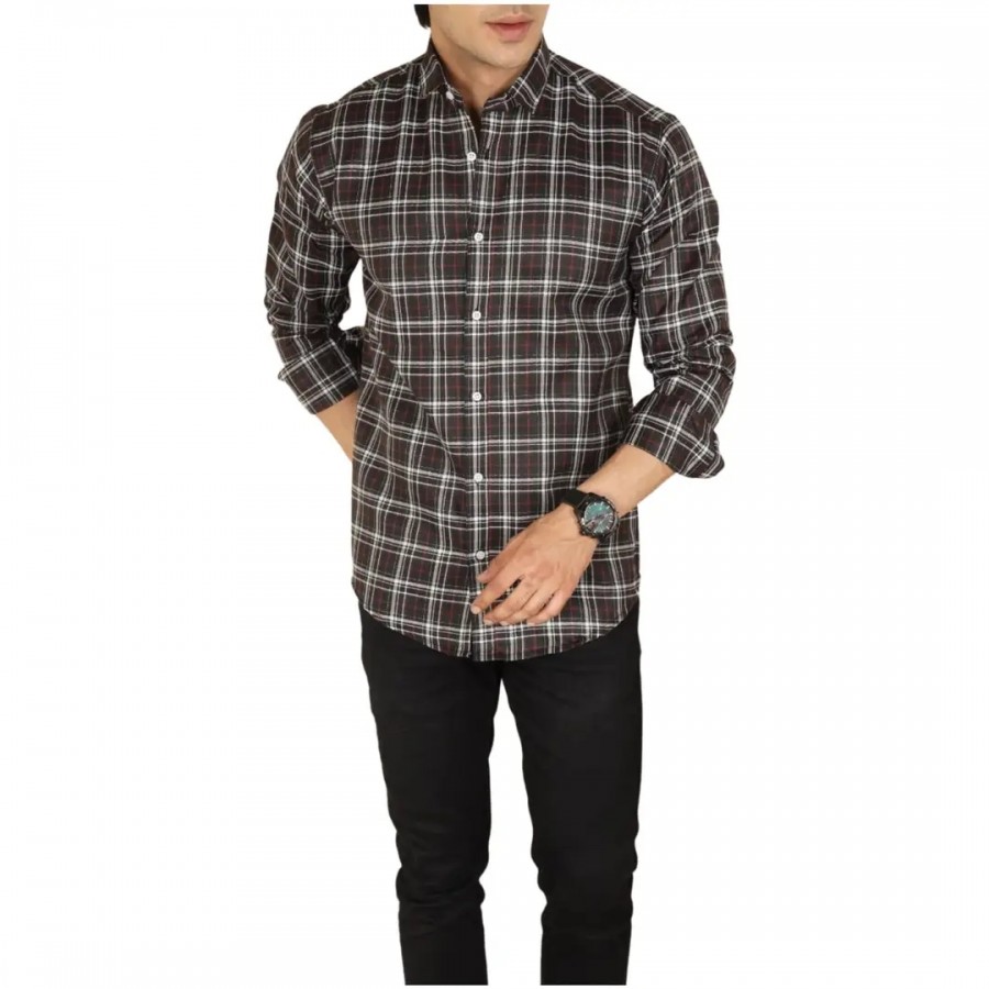 Noyes Fashion Men's Check Shirt Casual Cotton Shirt | Full Sleeve Shirt | Regular Fit Printed Casual Shirt | (Small, Brown)