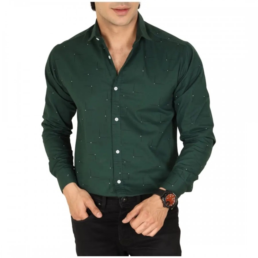 Noyes Fashion Men's Shirt Cotton Casual Stand Collar Plain Shirt | Full Sleeve Double Pocket Shirt | Regular Fit Printed Casual Shirt | (X-Large, Dark Green)