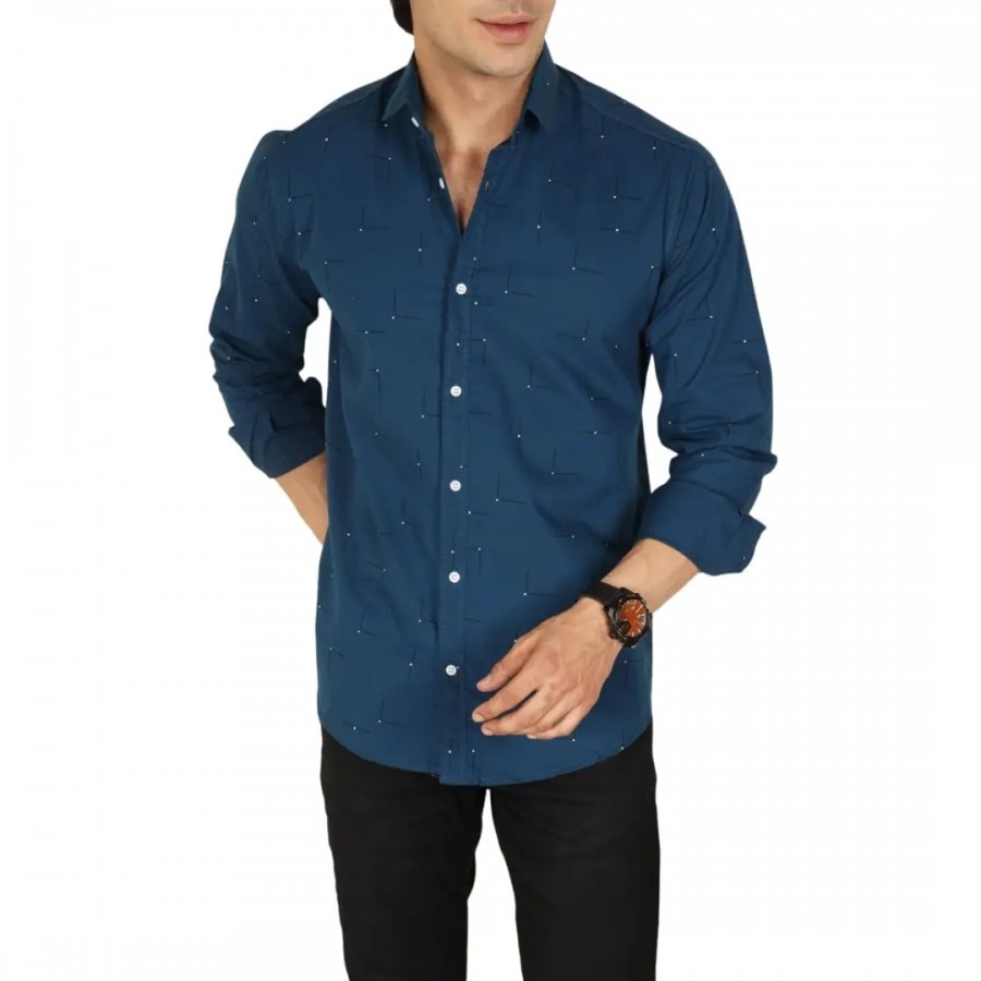 Noyes Fashion Men's Shirt Cotton Casual Stand Collar Plain Shirt | Full Sleeve Double Pocket Shirt | Regular Fit Printed Casual Shirt | (Small, Blue)