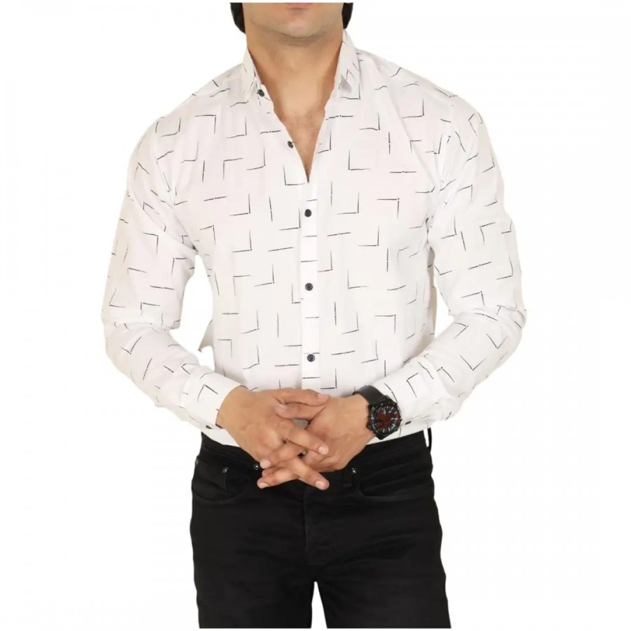 Noyes Fashion Men's Shirt Cotton Casual Stand Collar Plain Shirt | Full Sleeve Double Pocket Shirt | Regular Fit Printed Casual Shirt | (Large, White)