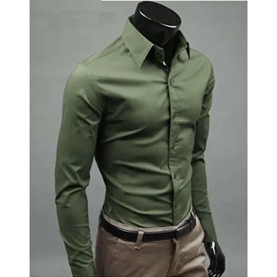 Olive Cotton Solid Casual Shirts For Men