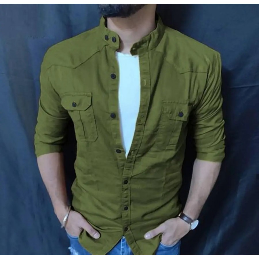 Olive Cotton Solid Casual Shirts For Men