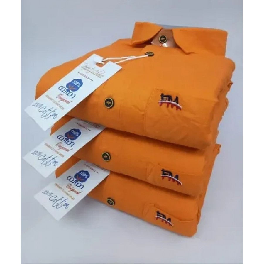 Orange Cotton Solid Casual Shirts For Men