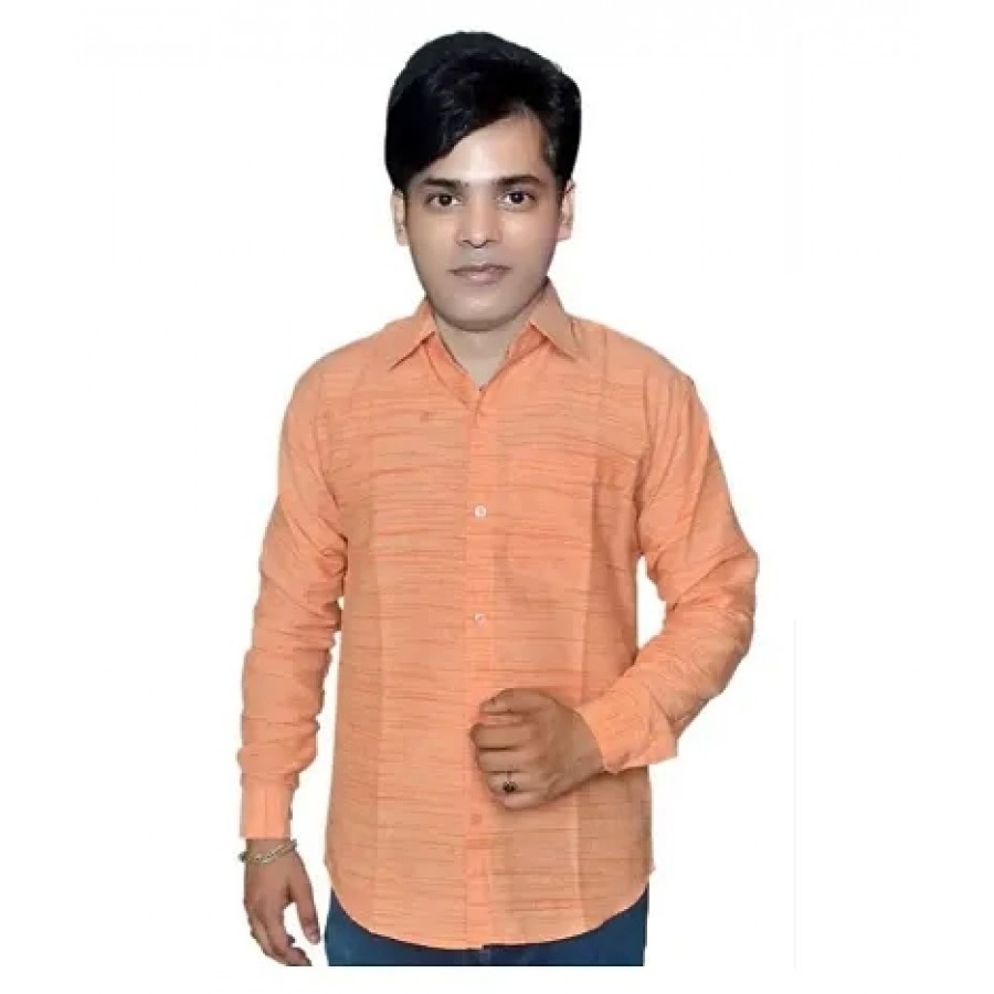 Orange Cotton Solid Casual Shirts For Men