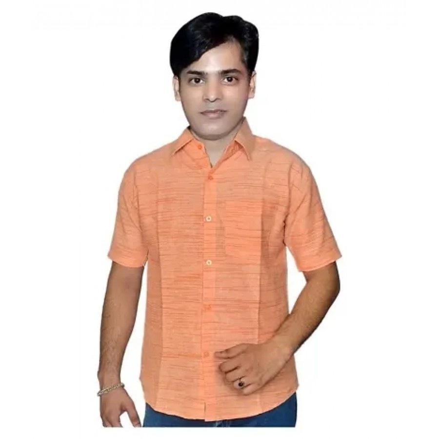 Orange Cotton Textured Casual Shirts For Men