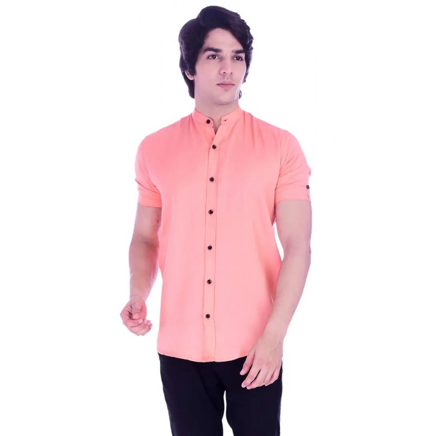 Peach Cotton Blend Solid Casual Shirts For Men