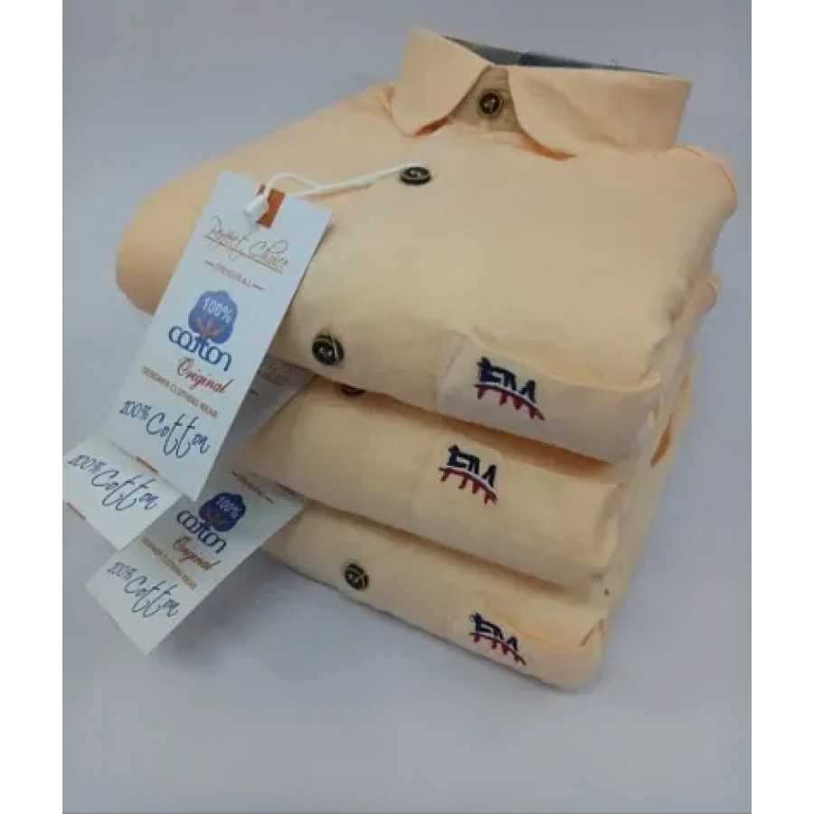 Peach Cotton Solid Casual Shirts For Men