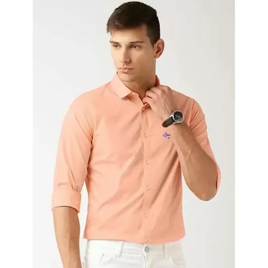 Peach Cotton Solid Casual Shirts For Men