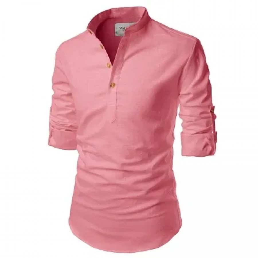 Peach Cotton Solid Casual Shirts For Men